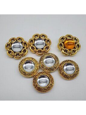 Vintage 1980s Gold Tone Metal & Plastic Button Covers Clear Orange Cabochon Bead